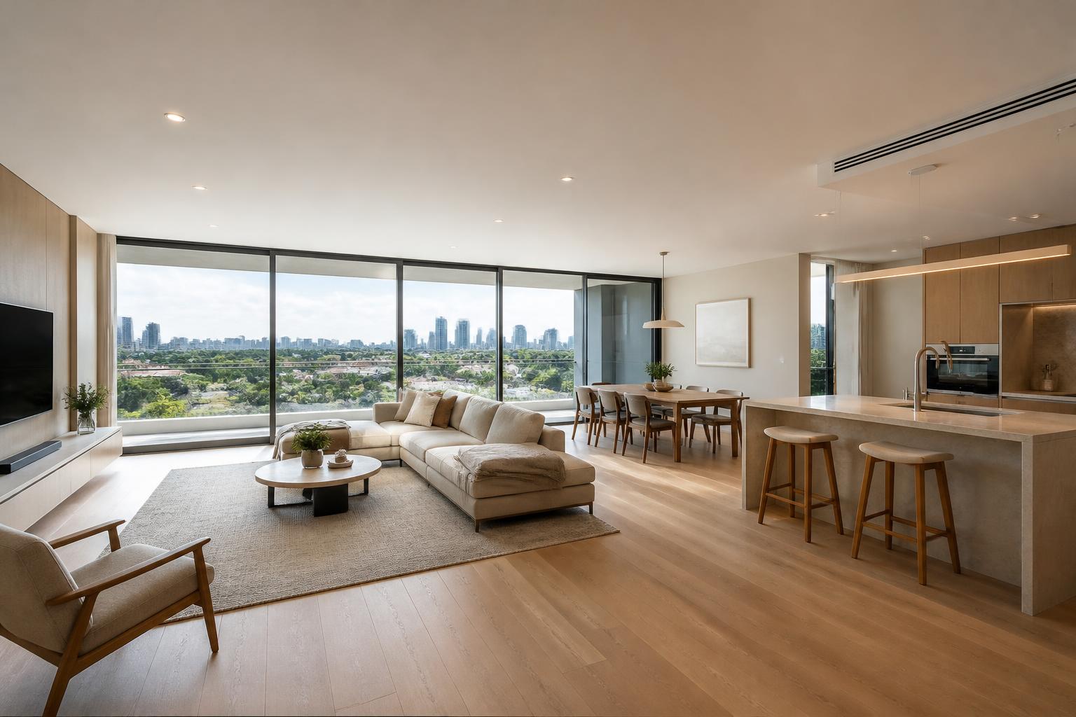 Bright living and dining room with city view